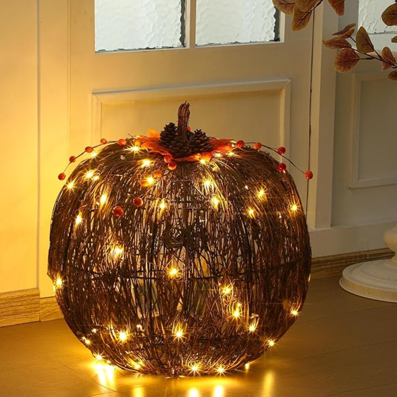 18 Inch Rattan Lighted Pumpkin Fall Decoration with LED Lights | Artificial Grapevine Pumpkin Lantern with 8 Lighting Modes | Indoor Outdoor Halloween, Thanksgiving & Harvest Porch Decor (Brown)
